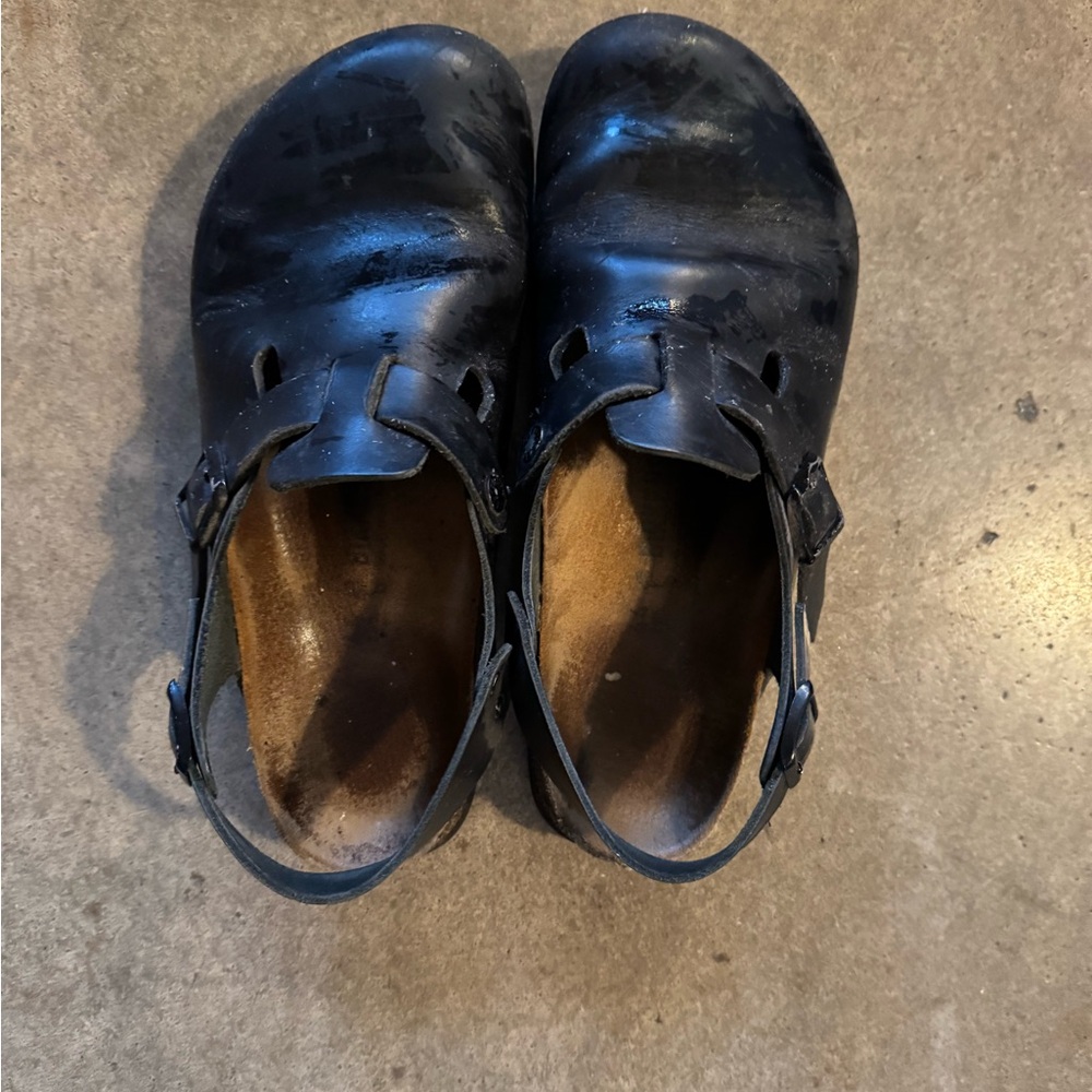 Birkenstock Black Leather Clogs with Adjustable Straps